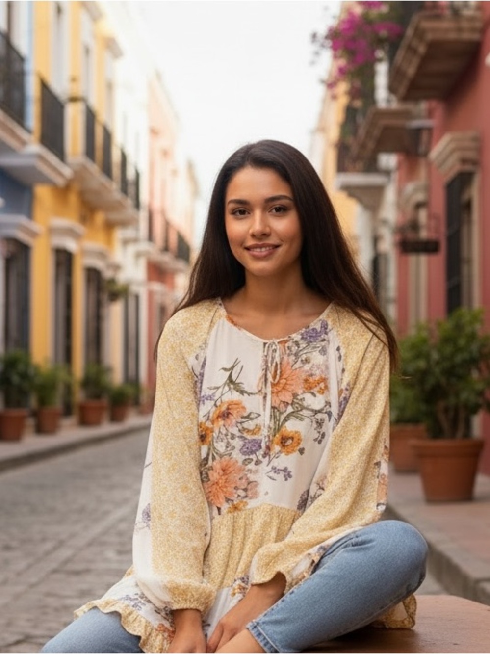 Floral Patchwork Peasant Blouse l